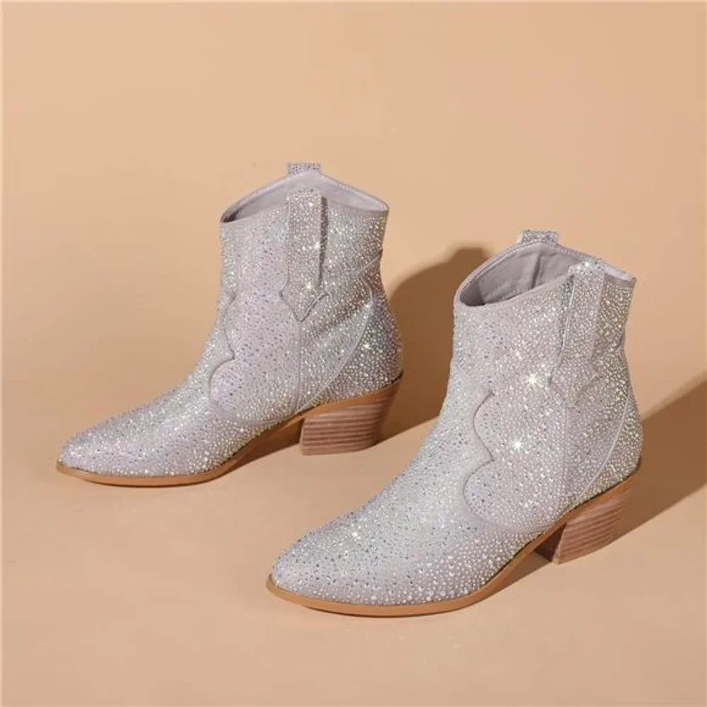 Women's Rhinestone Cowboy Boots Sparkly Knee High Boots Fashion Pointed - Picture 3 of 8